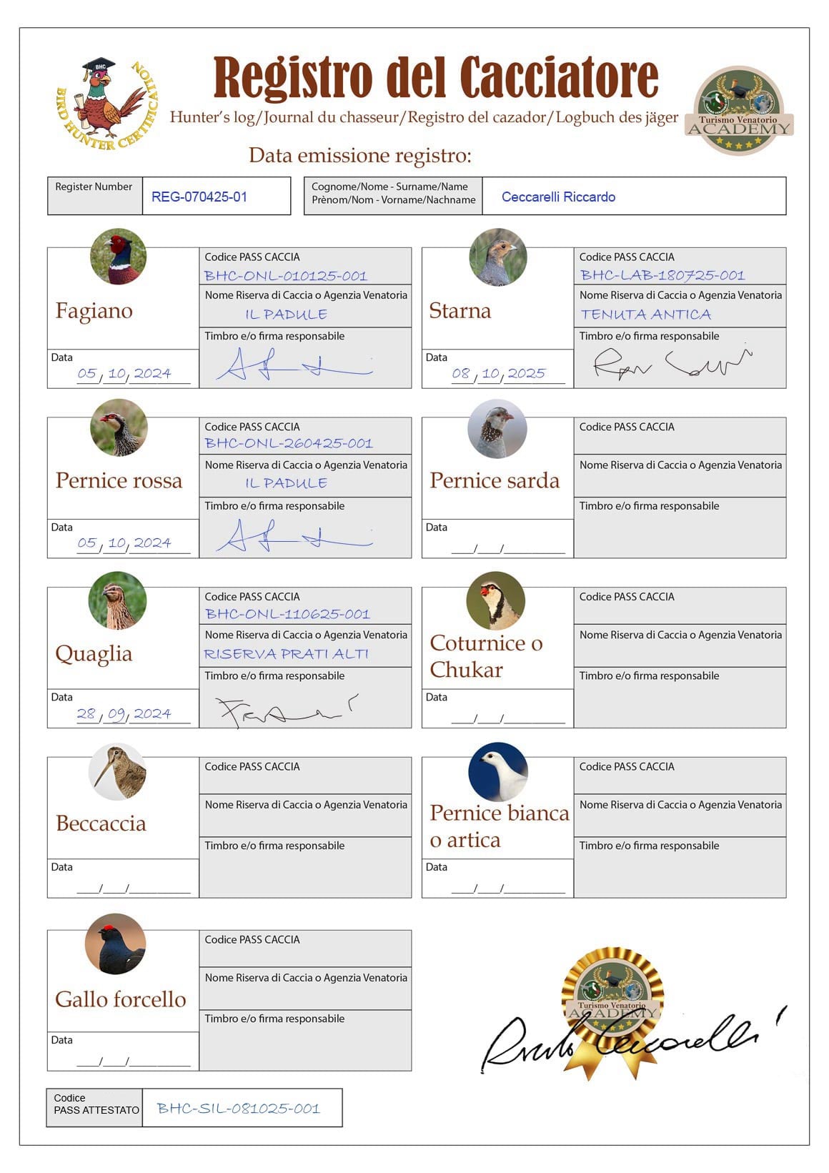 Bird Hunter Certification caccia a fagiano, pernice rossa, starna, pernice sarda, quaglia selvatica